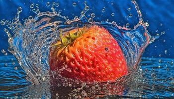 jugoso fresa gotas en vibrante agua, refrescante verano refresco generado por ai foto