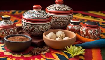 Multi colored pottery bowl with indigenous pattern holds aromatic spices generated by AI photo