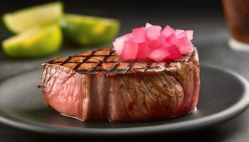 Grilled sirloin steak, juicy and tender, on gourmet crockery plate generated by AI photo