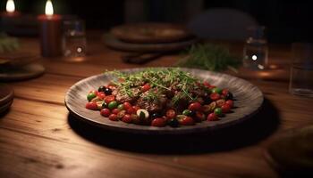 sano vegetariano ensalada en rústico madera plato para refrescante comida generado por ai foto