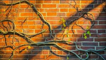 Nature growth over old brick building creates abstract backdrop generated by AI photo