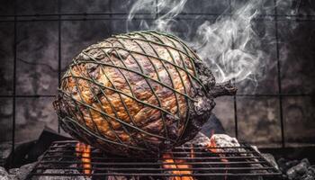 Grilled steak on a plate, cooked to perfection over fire generated by AI photo