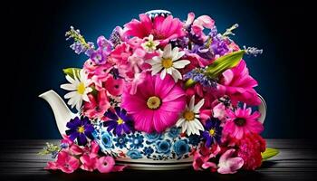 un multi de colores ramo de flores de Fresco flores en un florido florero generado por ai foto