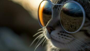 Cute kitten wearing sunglasses stares at camera in nature generated by AI photo