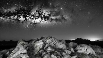 Milky way galaxy in dark landscape, nature astronomy wave science generated by AI photo