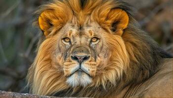 majestuoso leona curioso con vigilancia, natural belleza en primer plano generado por ai foto