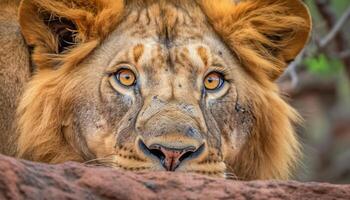 majestuoso leona curioso, alerta en el africano desierto generado por ai foto