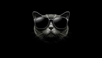 Cute kitten with sunglasses, looking at camera in monochrome portrait generated by AI photo