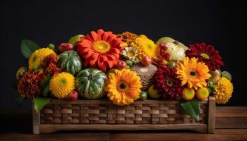 Autumn celebration Rustic vase holds multi colored flower arrangement on table generated by AI photo