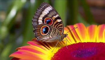 Vibrant butterfly pollinates fragile yellow flower in natural beauty generated by AI photo