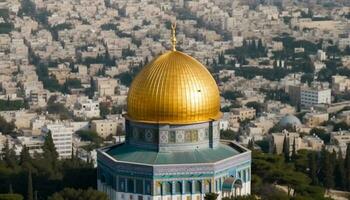 espiritual paisaje urbano de Jerusalén antiguo ciudad con icónico minaretes generado por ai foto