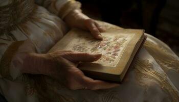 One person reading old Bible, hand holding religious text indoors generated by AI photo