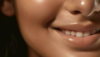 sonriente joven adulto mujer con Perfecto dientes y tez generado por ai foto