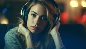 Young woman enjoying music in a comfortable home interior setting generated by AI photo