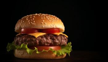 A la parrilla hamburguesa con queso en sésamo bollo con Fresco tomate y papas fritas generado por ai foto