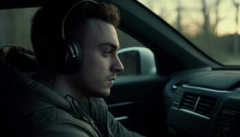 Adult Caucasian male driving car, listening to music with headphones generated by AI photo