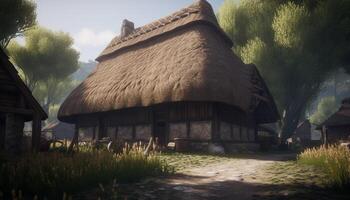 Rustic farmhouse with thatched roof nestled in mountain meadow generated by AI photo