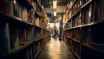 Large collection of old books on wooden shelves in library generated by AI photo