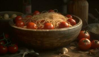Fresh vegetarian pasta meal on rustic wooden table with herbs generated by AI photo