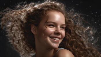 One beautiful young woman with curly brown hair smiling happily generated by AI photo