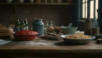 Rustic homemade meal preparation on wooden table with fresh ingredients generated by AI photo