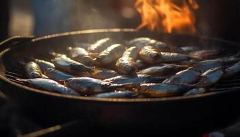 Grilled seafood skewer, cooked over open flame for freshness generated by AI photo