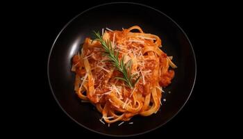 Freshly cooked Italian pasta meal on gourmet crockery plate generated by AI photo