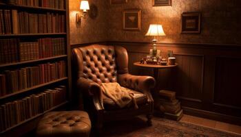 Luxury apartment with old fashioned decor, book collection, and comfortable armchair generated by AI photo