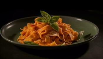 Fresco italiano pasta con tomate y hierba salsa en plato generado por ai foto