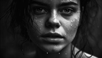 Wet beauty one young adult woman looking at camera outdoors generated by AI photo