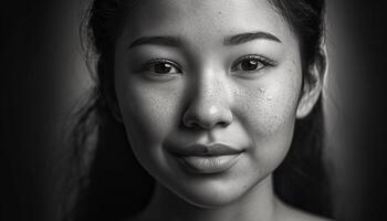 One beautiful young woman smiling with confidence in black and white generated by AI photo