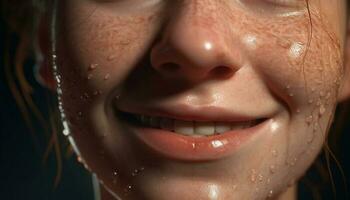 sonriente joven mujer disfruta Fresco gota de agua salpicaduras en su cara generado por ai foto
