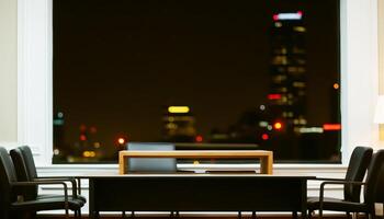 Modern cityscape illuminated by street lights and skyscrapers at dusk generated by AI photo