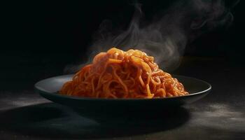 Healthy pasta meal cooked with bolognese sauce on black plate generated by AI photo