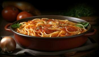 Freshly cooked vegetarian pasta meal on rustic wooden crockery generated by AI photo