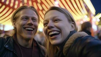 Smiling young adults enjoy carefree winter celebration, illuminated with joy generated by AI photo