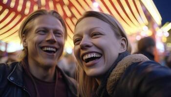 sonriente joven adultos disfrutar despreocupado invierno celebracion, iluminado con alegría generado por ai foto