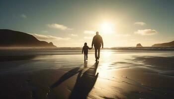 Heterosexual couple holding hands, walking on sand, enjoying sunset together generated by AI photo