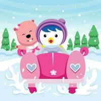 Cute Cartoon Penguin And Bear Driving a Car Concept vector