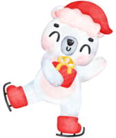 Navidad sorpresa, alegre adorable polar oso en Patinaje con apilado regalos, invierno animal acuarela niños ilustración png