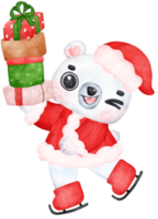 Natale sorpresa, gioioso adorabile polare orso su pattinando con impilati regali, inverno animale acquerello bambini illustrazione png