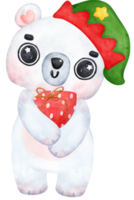 Navidad sorpresa, alegre adorable polar oso con apilado regalos, invierno animal acuarela niños ilustración png