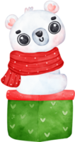 Natal surpresa, alegre adorável polar Urso com empilhado presentes, inverno animal aguarela crianças ilustração png