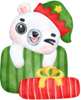 Christmas Surprise, joyful Adorable Polar Bear with Stacked Presents, winter animal watercolour Children Illustration png