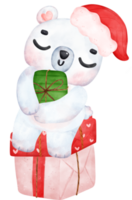 Christmas Surprise, joyful Adorable Polar Bear with Stacked Presents, winter animal watercolour Children Illustration png