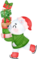 Natale sorpresa, gioioso adorabile polare orso su pattinando con impilati regali, inverno animale acquerello bambini illustrazione png