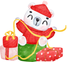 Christmas Surprise, joyful Adorable Polar Bear with Stacked Presents, winter animal watercolour Children Illustration png