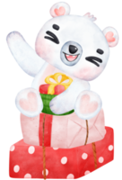 Natal surpresa, alegre adorável polar Urso com empilhado presentes, inverno animal aguarela crianças ilustração png