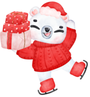 Christmas Surprise, joyful Adorable Polar Bear on skating with Stacked Presents, winter animal watercolour Children Illustration png