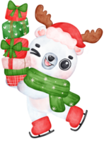 Natal surpresa, alegre adorável polar Urso em patinação com empilhado presentes, inverno animal aguarela crianças ilustração png